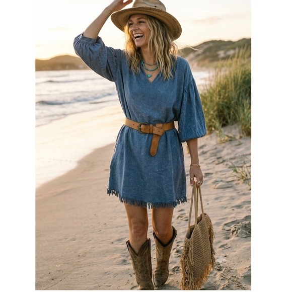 Umgee Dresses & Skirts - S Coastal Cowgirl Fringe Hem Tunic Mini Women Boho Shift Lagenlook Western Dress